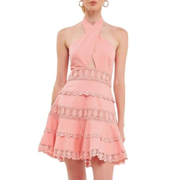 NWT Endless Rose Peach Halter Neck Lace Trim Mini Dress - Picture 1 of 13